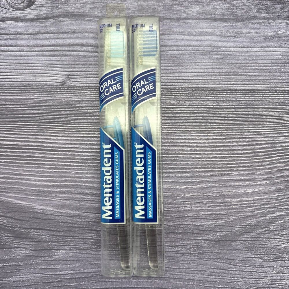 2 VTG Mentadent 52 Toothbrush Medium Full Head Flared Side Bristles Blue NOS